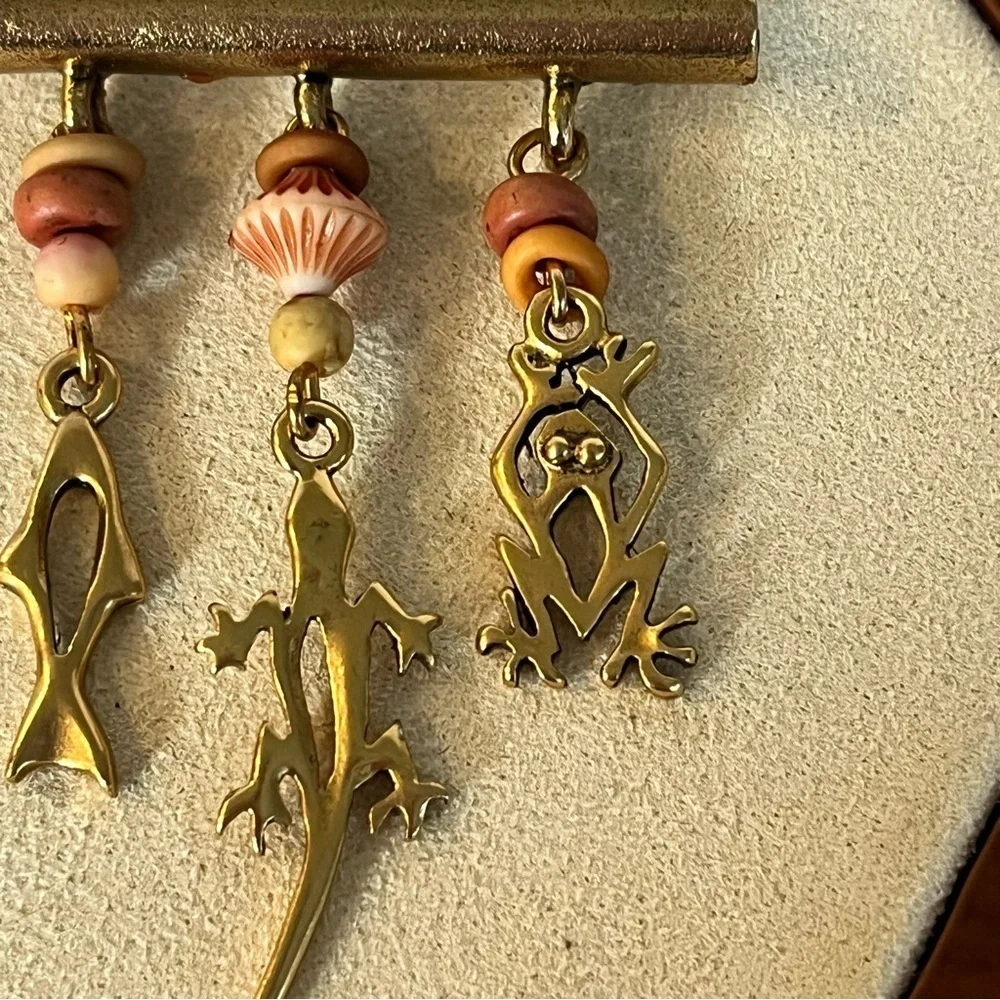 Vintage Gold Charm Brooch with Animal Pendants